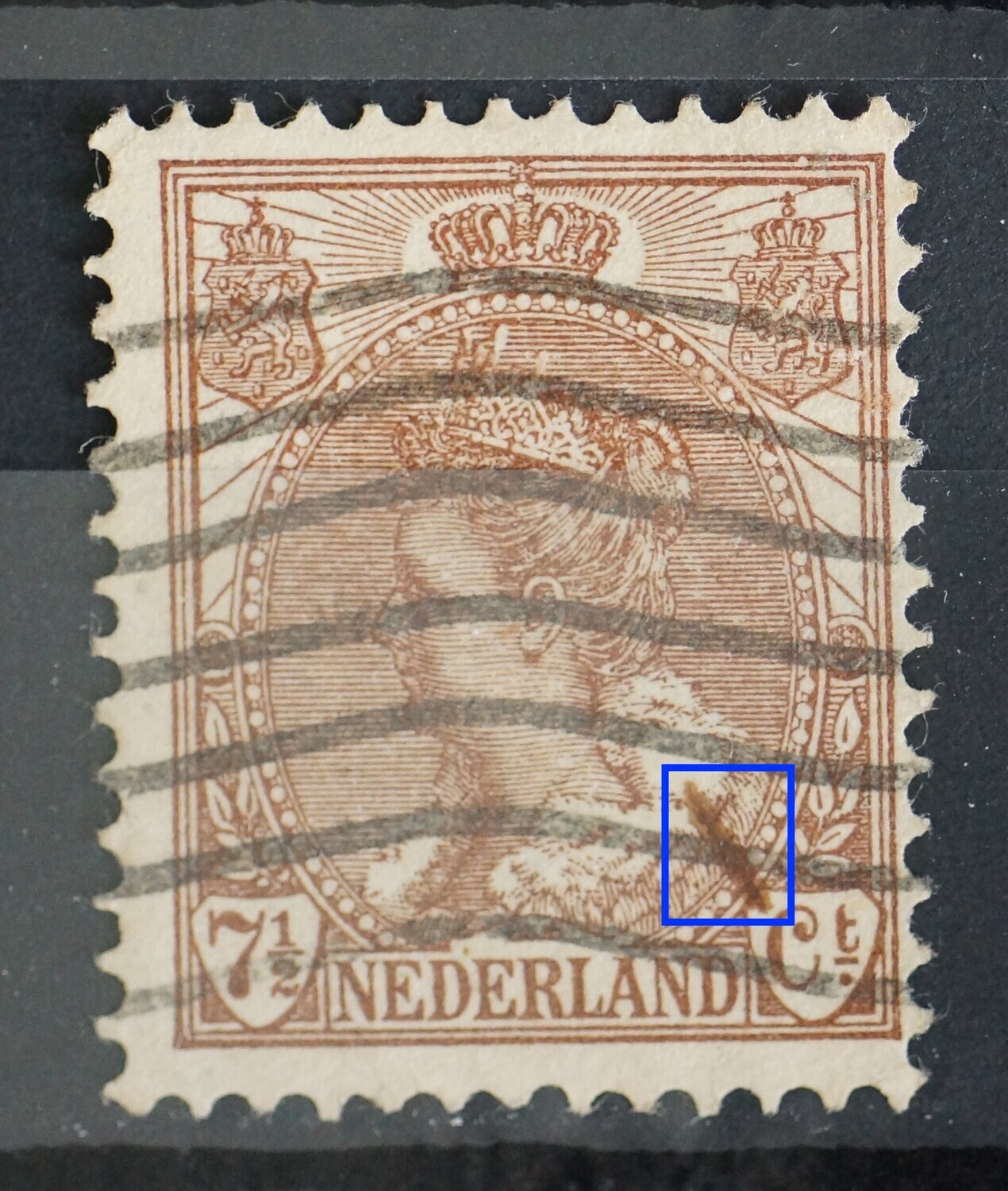 NVPH 61 - grote donkerbruine vlek in de rand van de bontkraag rechts