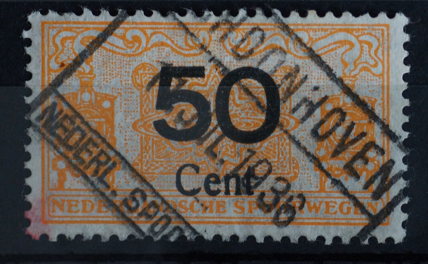Spoorwegstempel Schoonhoven op spoorwegzegel 50 cent.