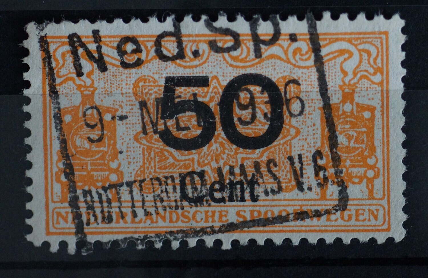 Spoorwegstempel Rotterdam Maas op spoorwegzegel 50 cent.