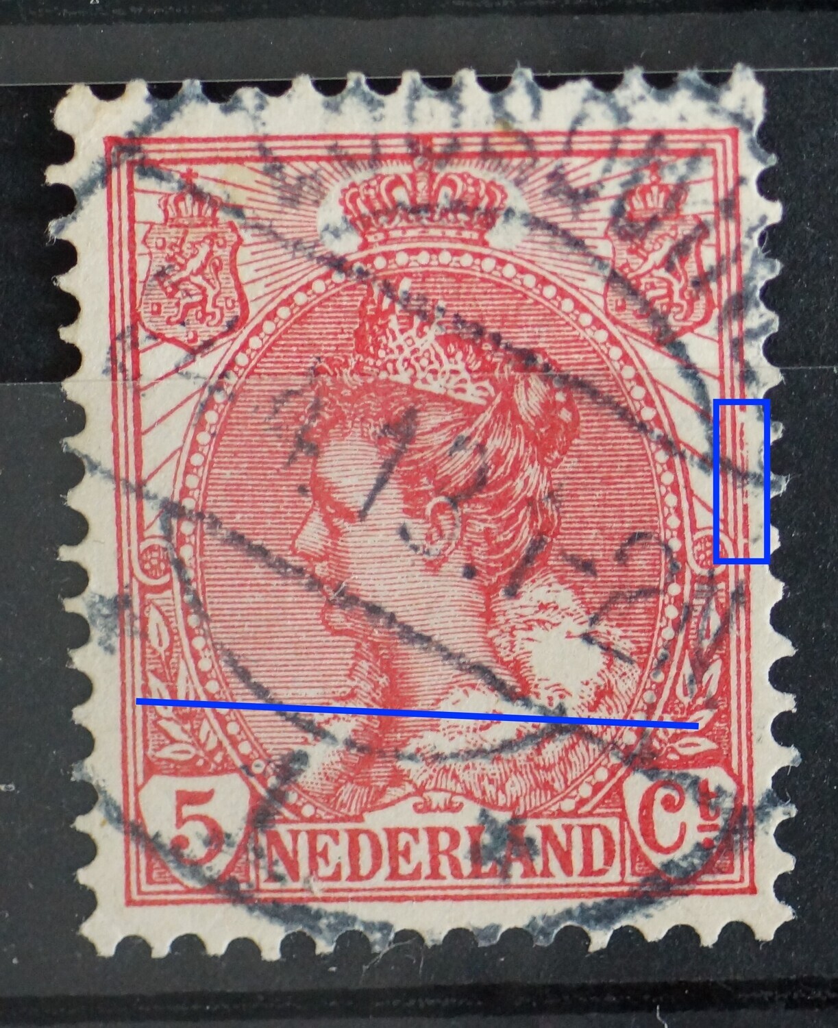 NVPH 60 - beschadigde kaderlijn rechts en fijne witte kras door zegelbeeld