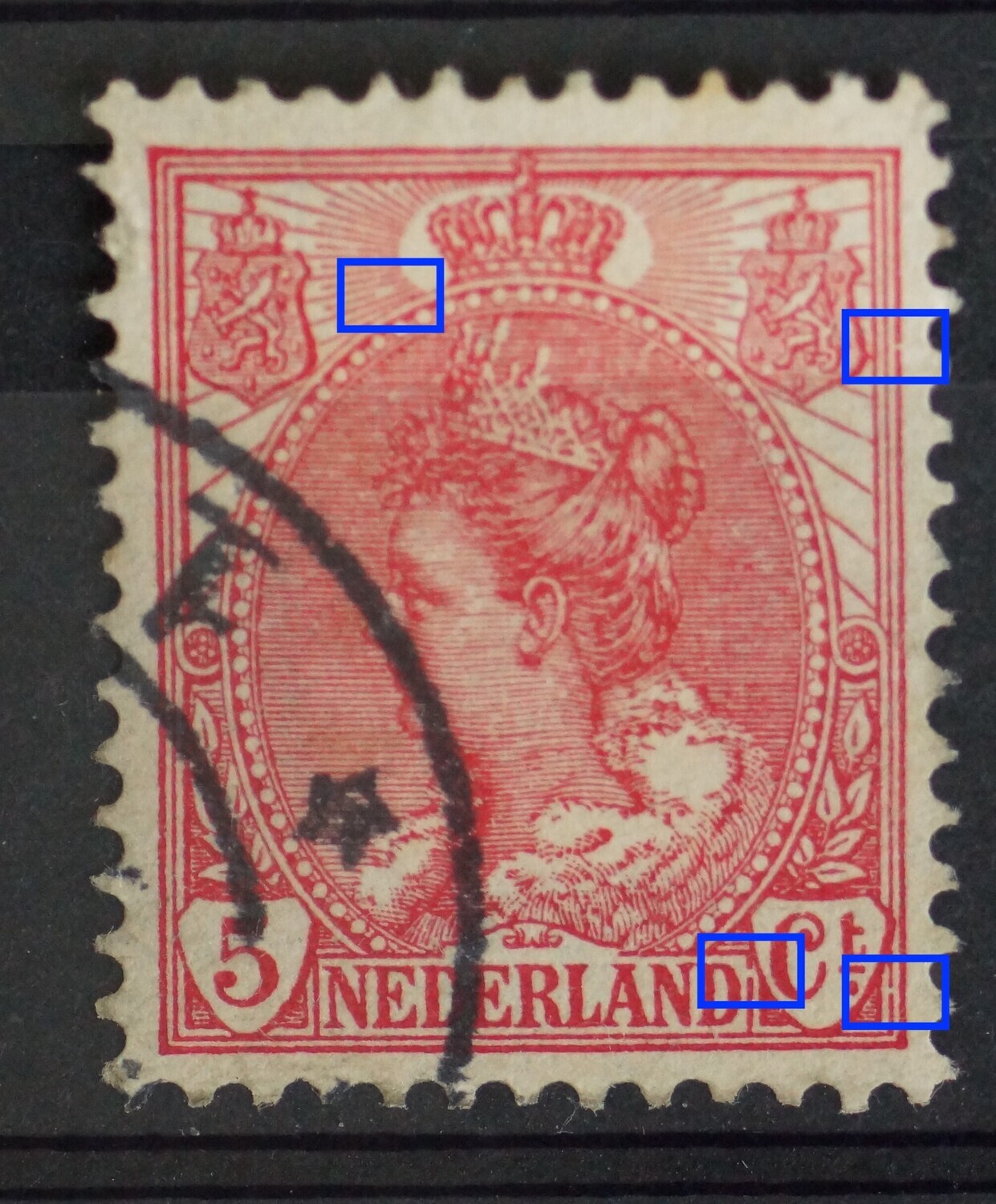 NVPH 60 - o.a. breuk in straal links van kroon en breuk in kaderlijn rechts