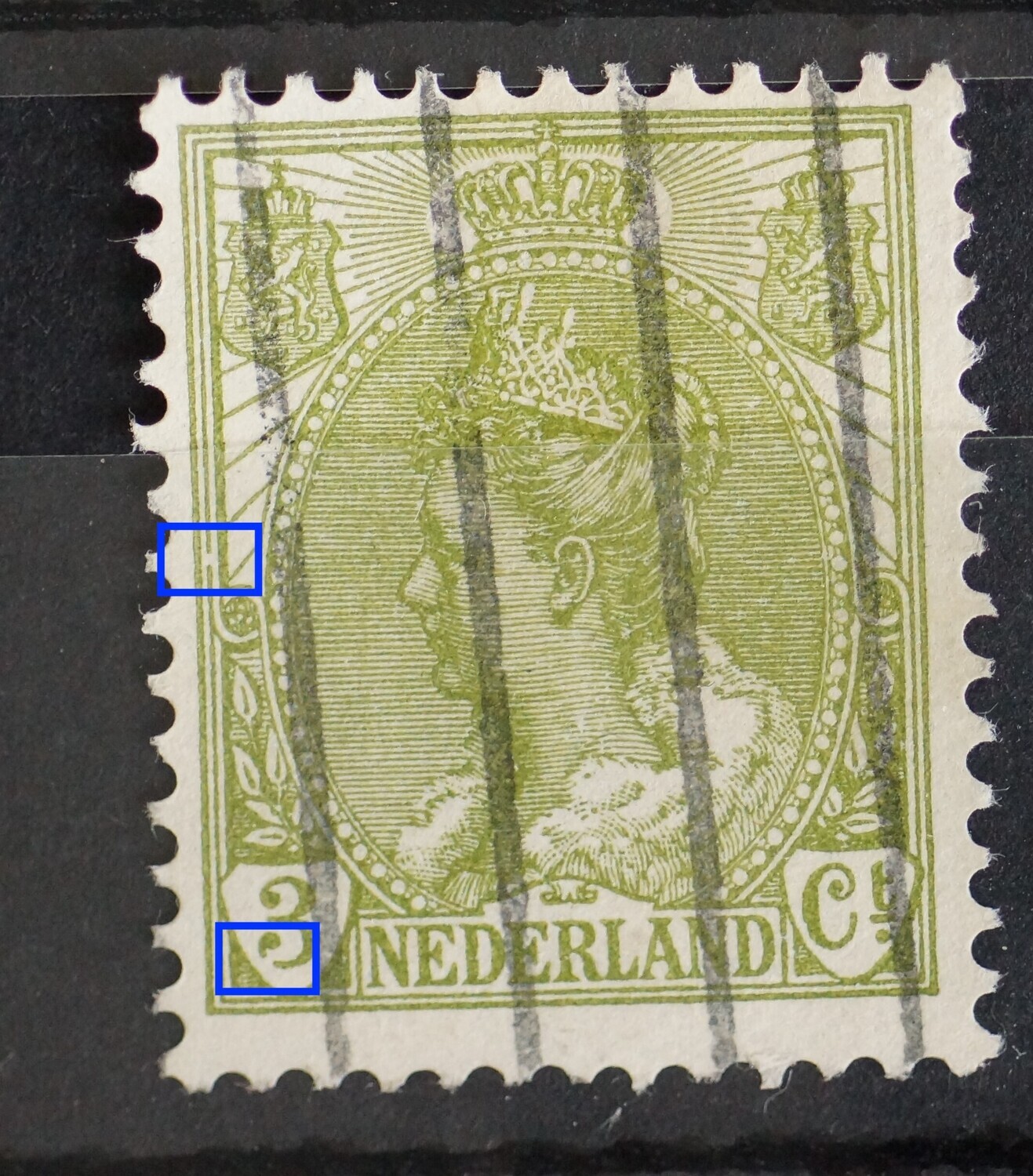 NVPH 57 - breuk in kaderlijn links en breuk in de voet van de 3