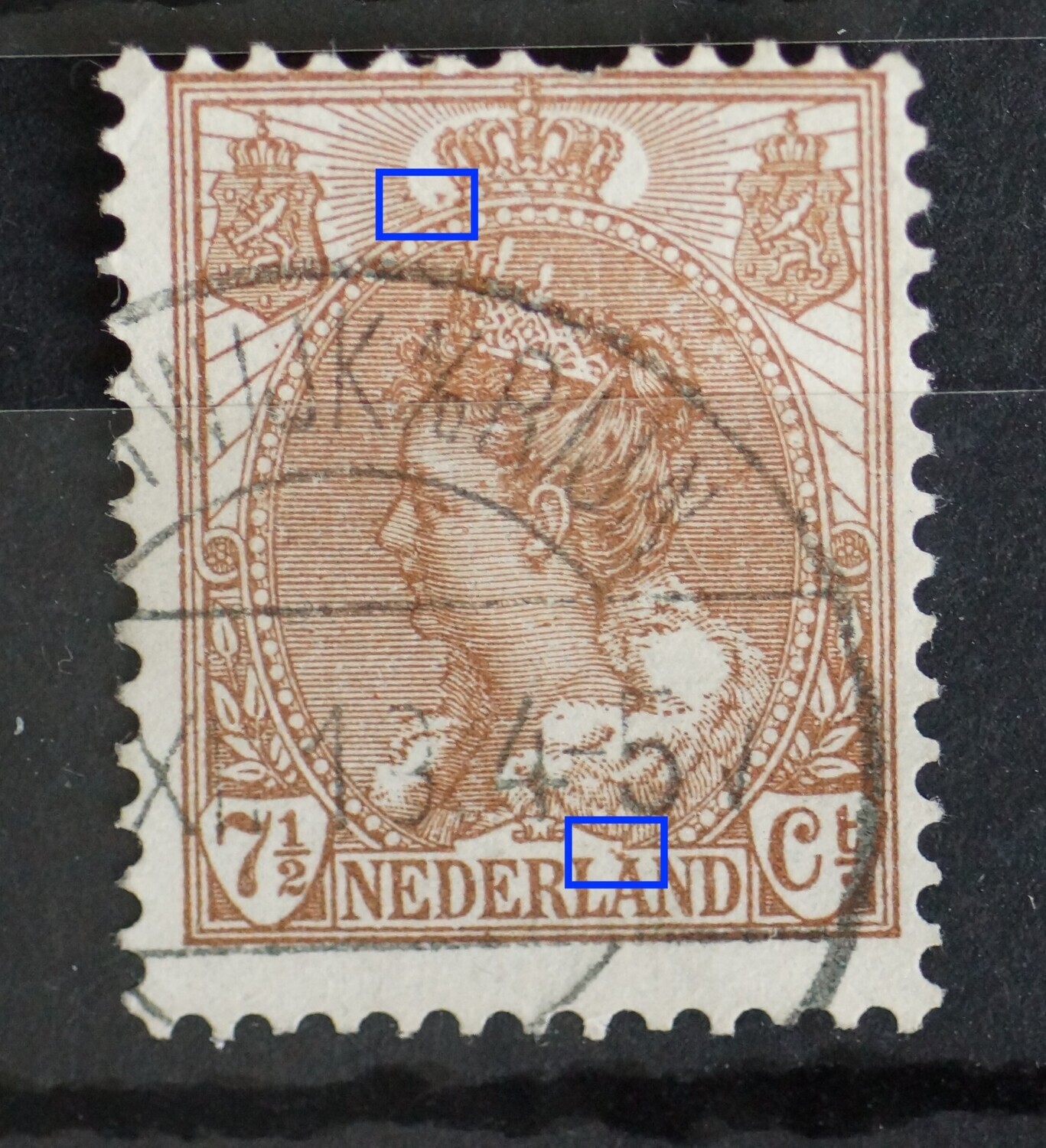 NVPH 61 - o.a. bruine vlek links van kroon en bij de A van NEDERLAND NVPH 61 - o.a. bruine vlek links van kroon en bij de A van NEDERLAND