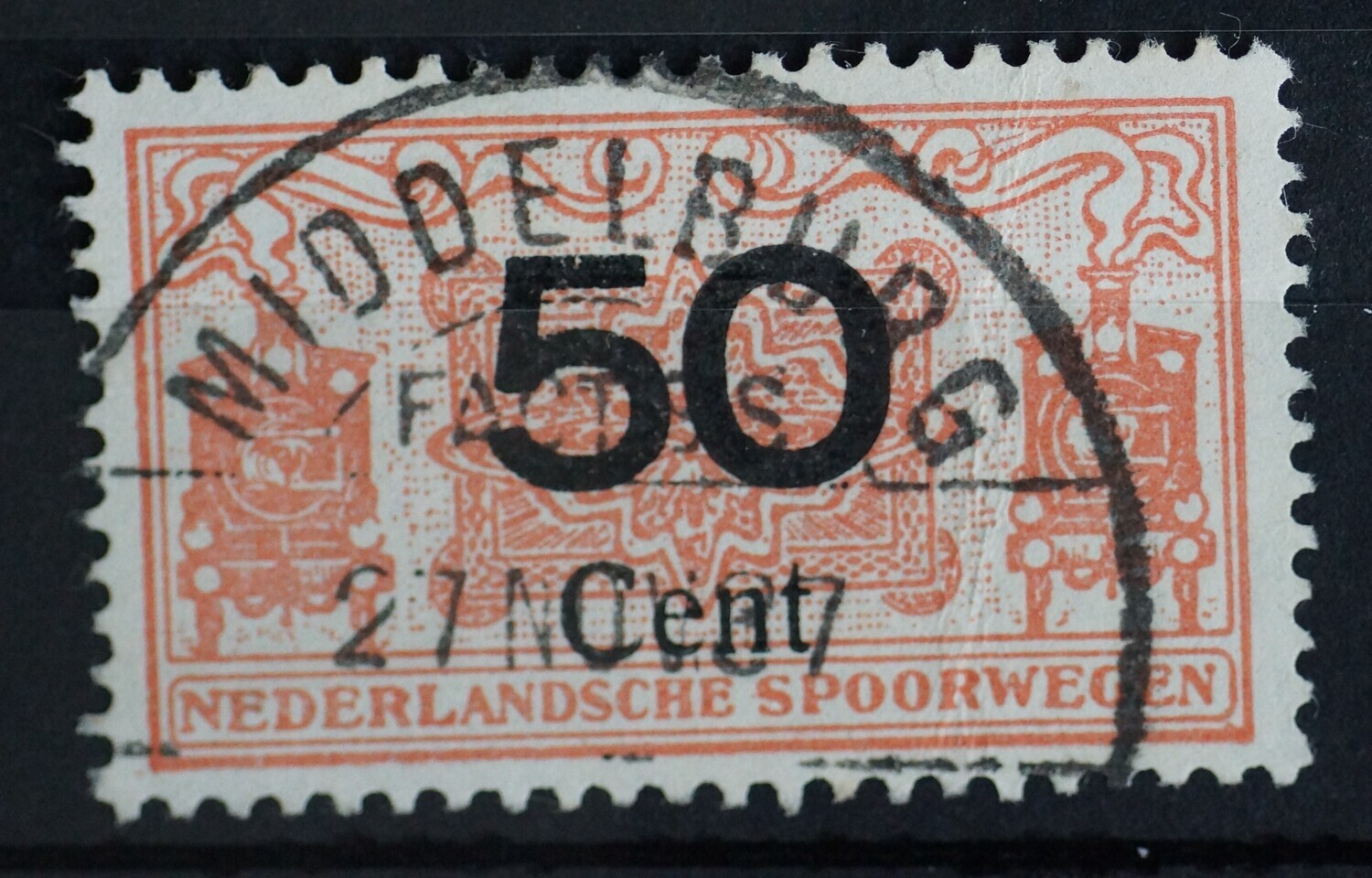 Spoorwegstempel Middelburg Factorij op spoorwegzegel 50 Cent