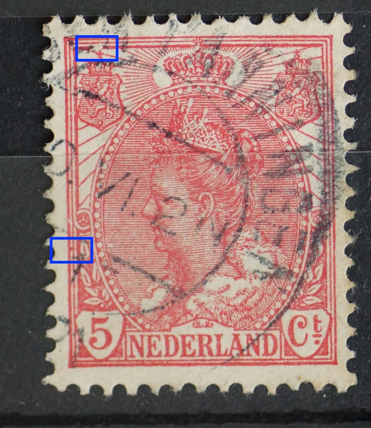 NVPH 60 - o.a. breuk in kaderlijn boven linker wapenschild en witte vlek in arcering links