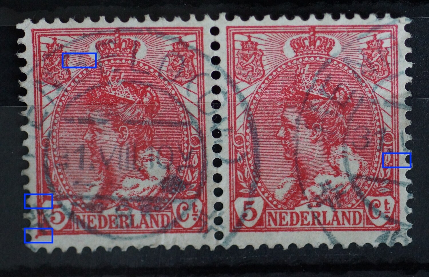 NVPH 60 (paar) - diverse rode vlekken (beide zegels)