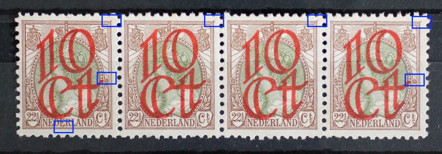 NVPH 120 - veel foutjes, naast een bruine punt onder de tweede E van NEDERLAND (meest linker zegel)