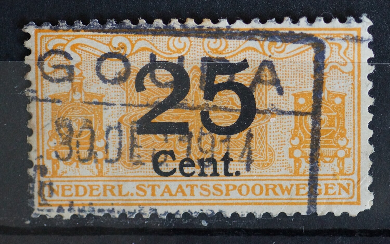 Spoorwegstempel Gouda op spoorwegzegel 25 Cent
