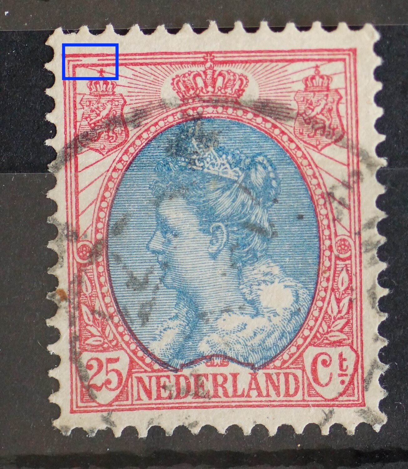 NVPH 71 - grote breuk in kaderlijn boven, links NVPH 71 - grote breuk in kaderlijn boven, links