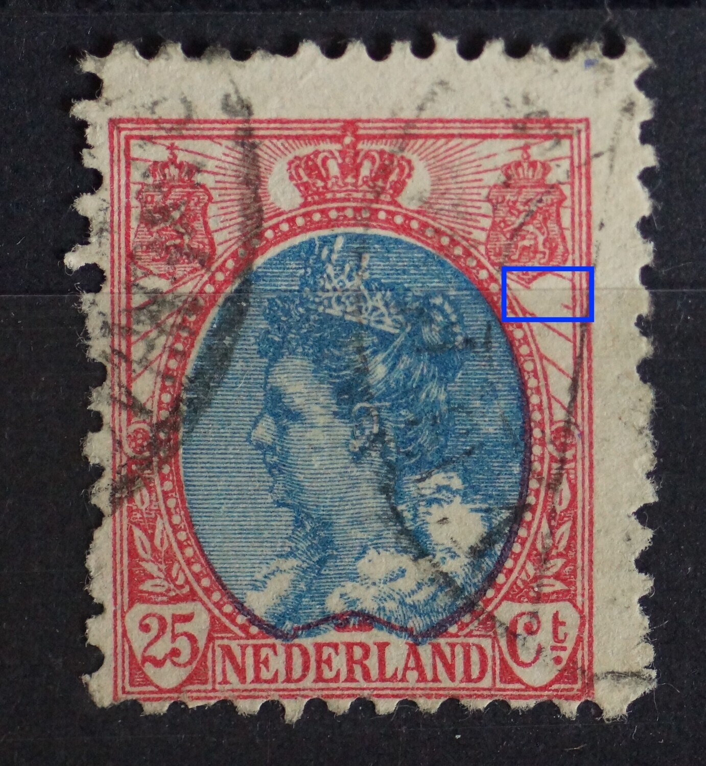 NVPH 71 - grote breuk in straal onder rechter wapenschild