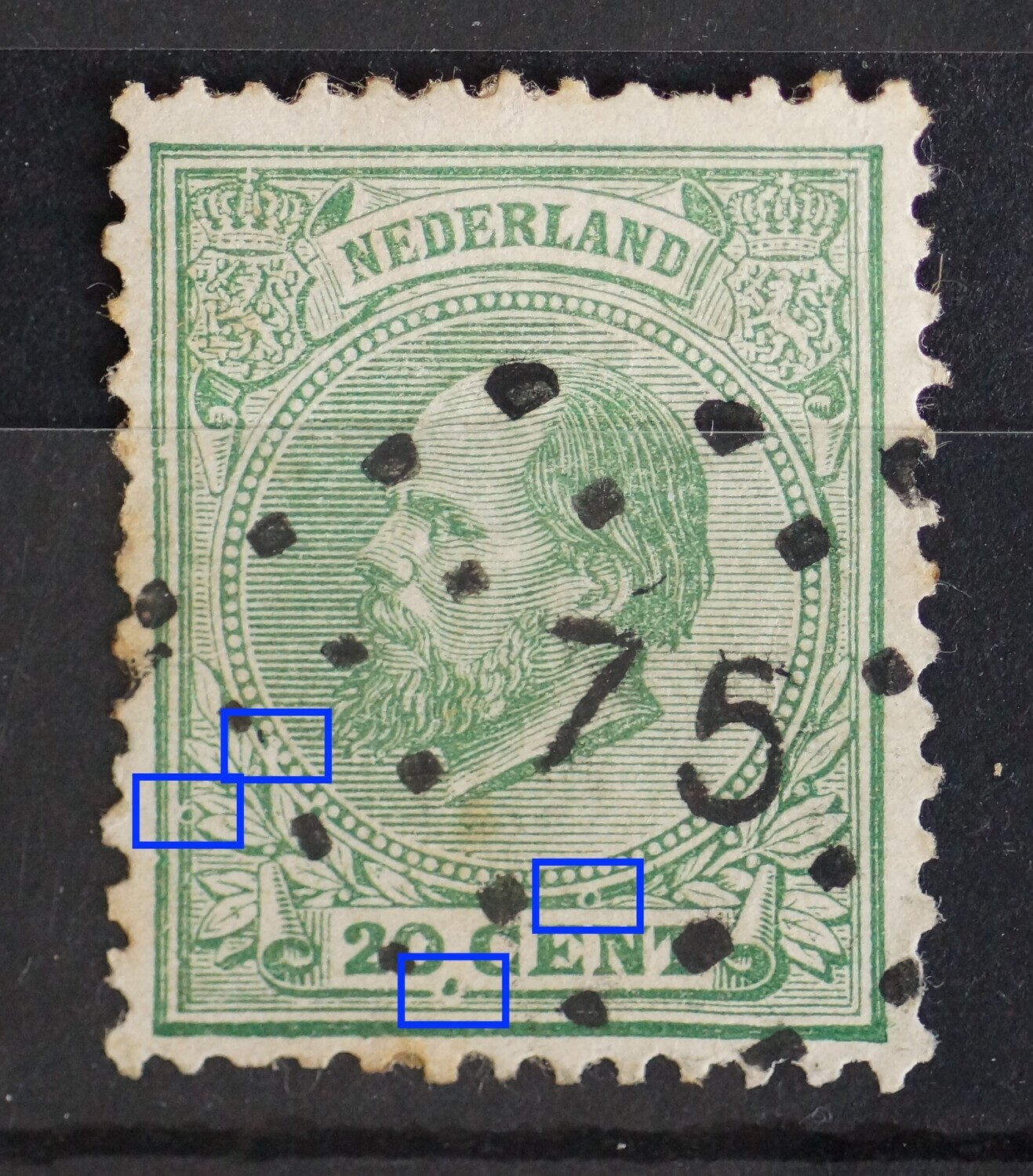 NVPH 24 - diverse groene punten nderin het zegelbeeld