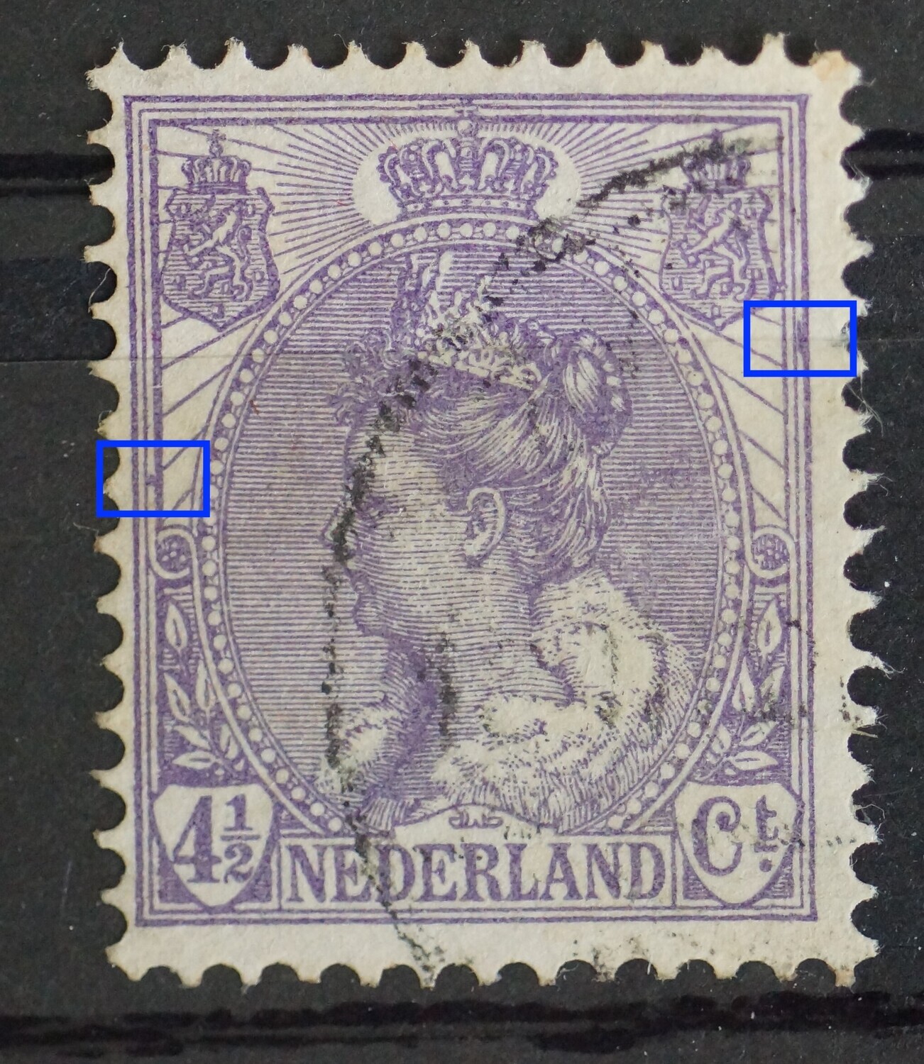 NVPH 59 - violette punt tussen kaderlijnen links en violette streep rechts
