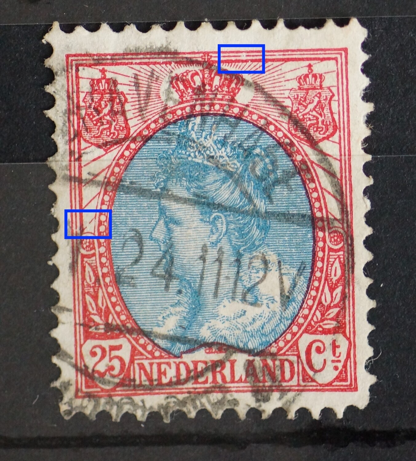 NVPH 71 - breuk in straal boven linker rozet en breuk in kaderlijn boven NVPH 71 - breuk in straal boven linker rozet en breuk in kaderlijn boven