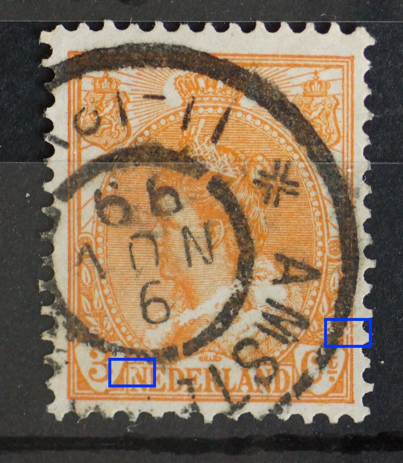 NVPH 56 - witte vlek in de eerste N van NEDERLAND en breuk in kaderlijn rechts