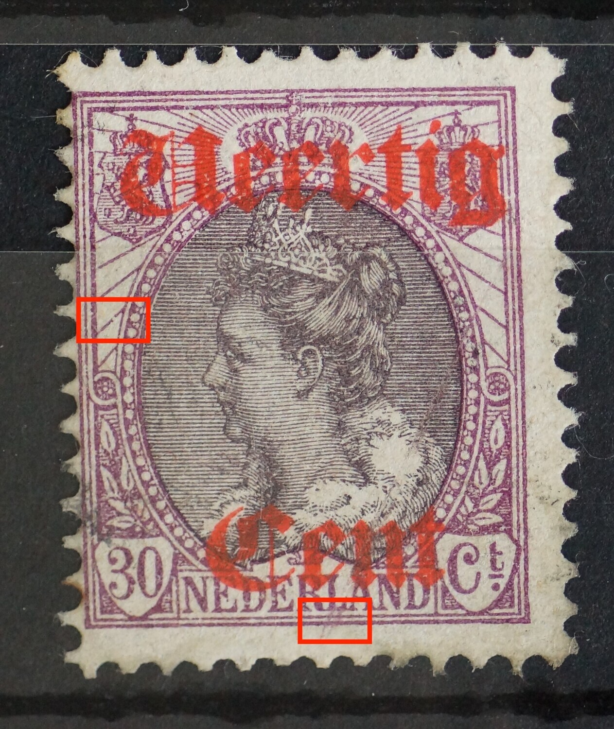 NVPH 62 - breuk in straal links en violette veeg onder de L van NEDERLAND