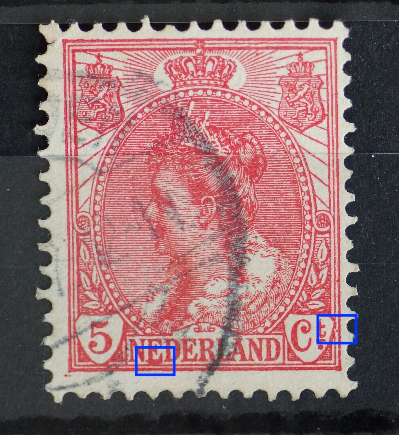 NVPH 60 - grote rode vlek onder de eerste E van NEDERLAND en beschadiging kaderlijnen rechts van Ct.