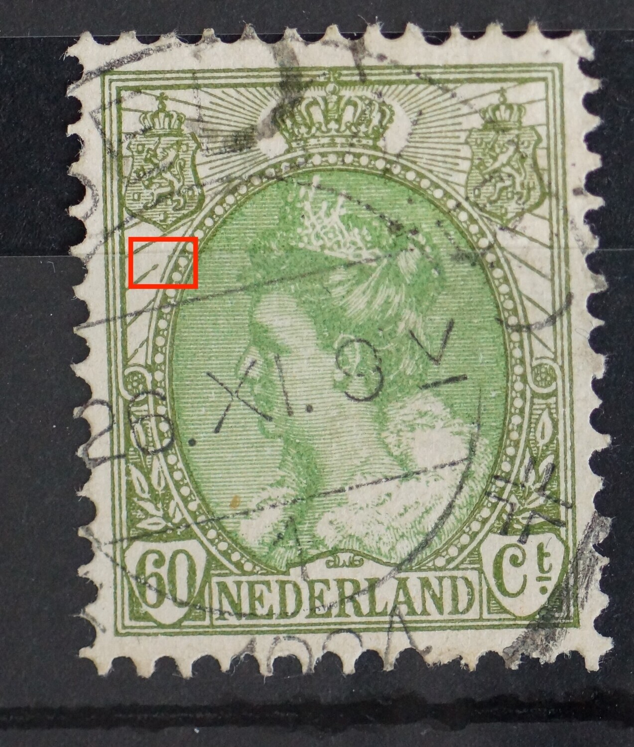 NVPH 76 - o.a. breuk in straal onder linker wapenschild NVPH 76 - o.a. breuk in straal onder linker wapenschild