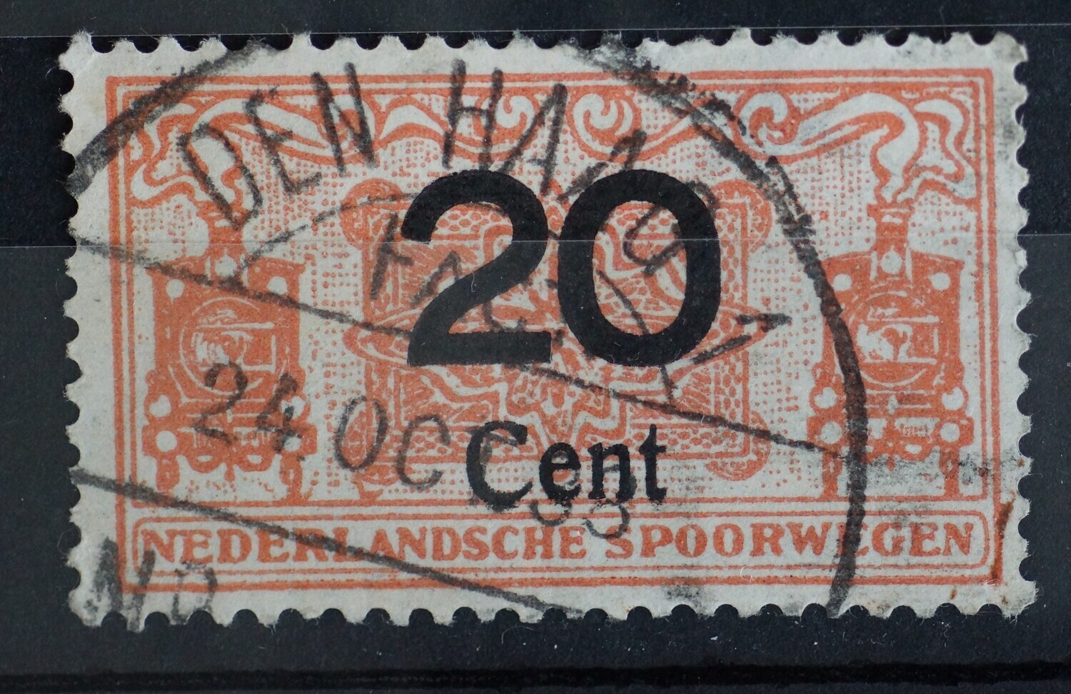 Spoorwegstempel Den Haag 1 Factorij op spoorwegzegel van 20 cent