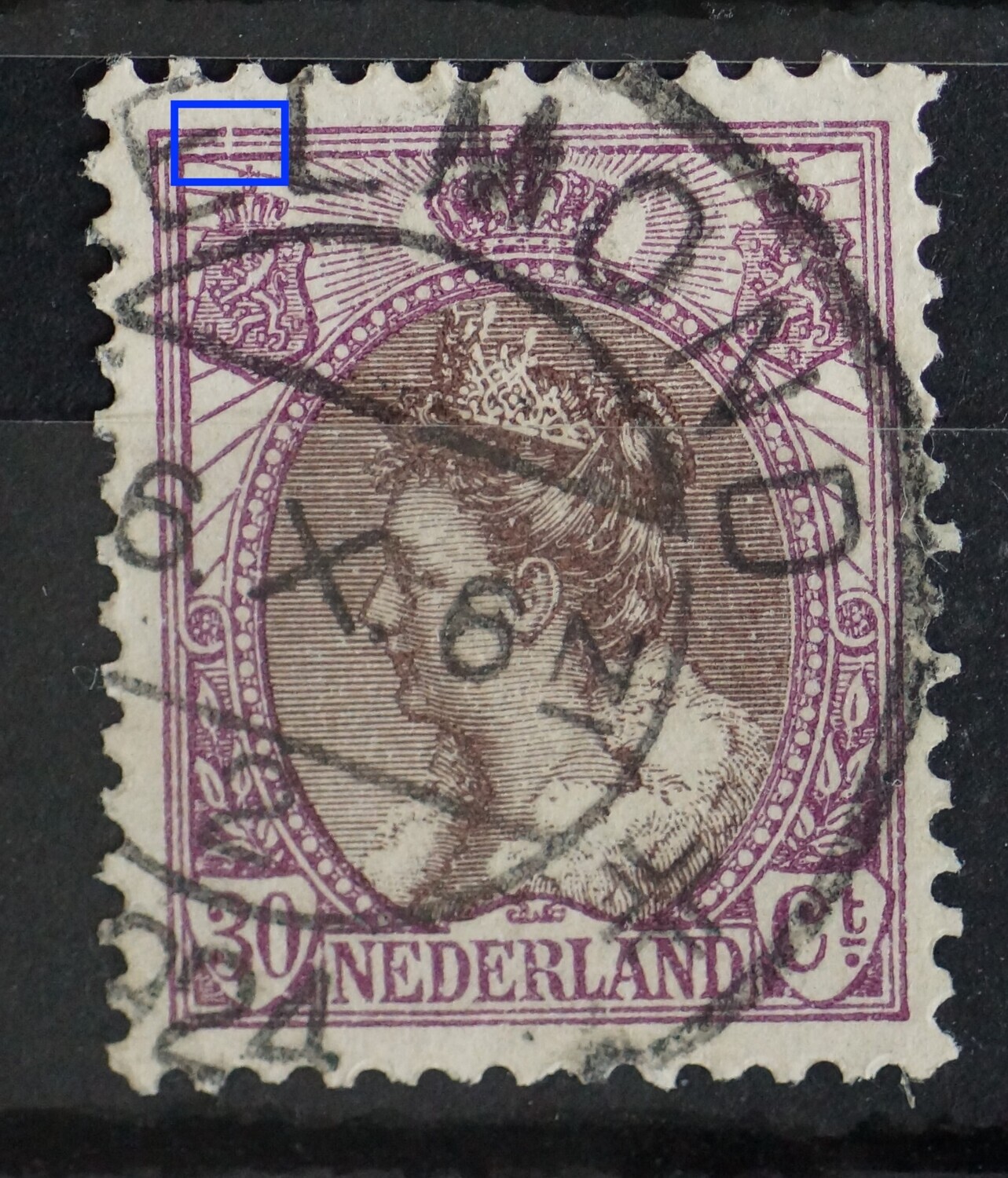 NVPH 72 - o.a. breuk in kaderlijnen boven, links NVPH 72 - o.a. breuk in kaderlijnen boven, links