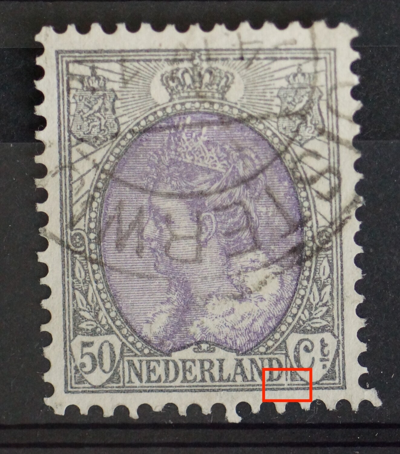 NVPH 75 - breuk in kaderlijn rechts van NEDERLAND