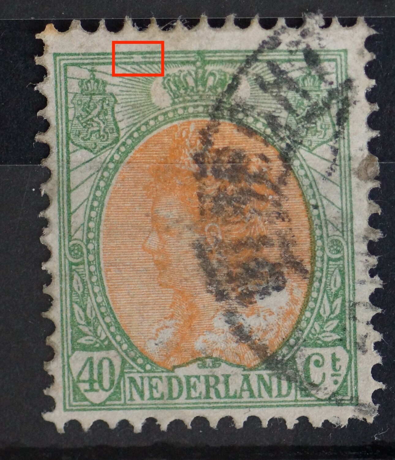 NVPH 73 -breuk in kaderlijn boven, links NVPH 73 -breuk in kaderlijn boven, links