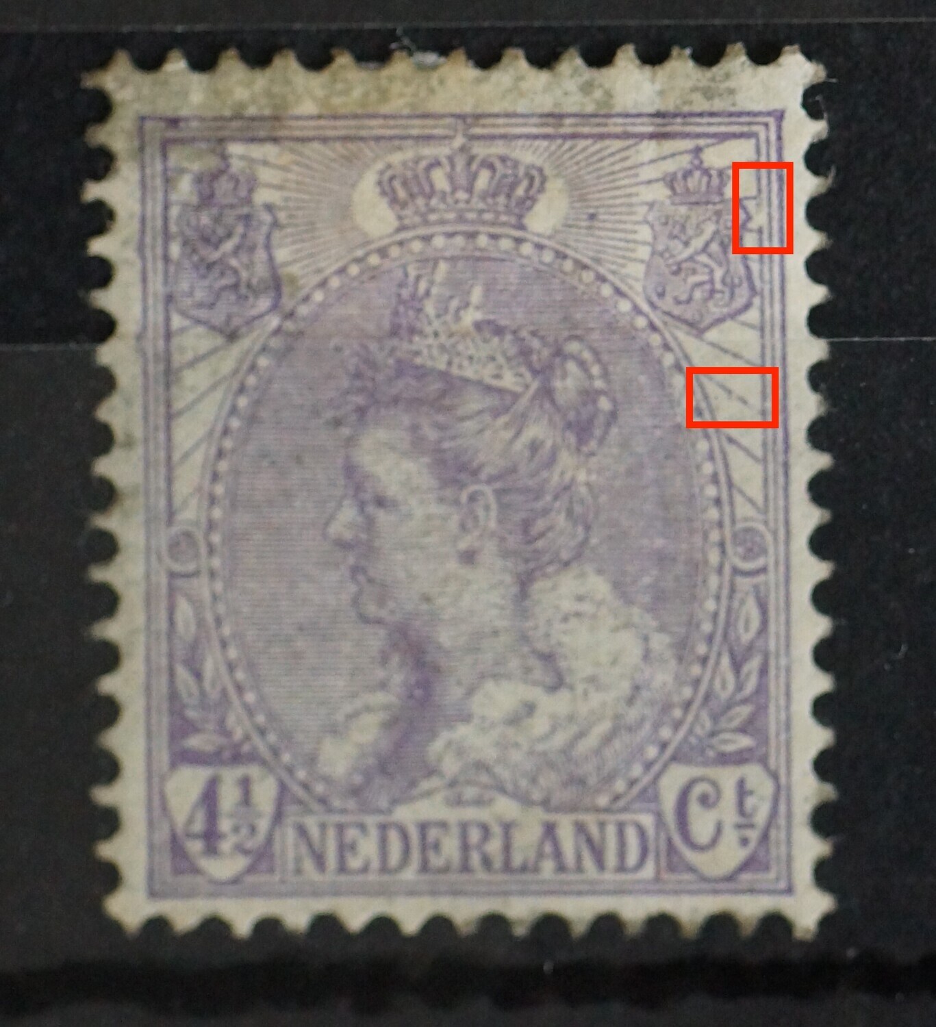 NVPH 59 - o.a. vreemde breuk in kaderlijn naast rechter wapenschild NVPH 59 - o.a. vreemde breuk in kaderlijn naast rechter wapenschild