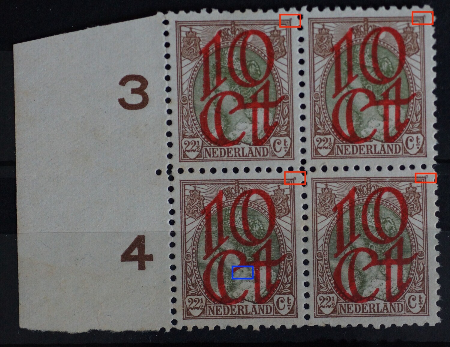 NVPH 120 (blok) - o.a. groene punt in medaillon (zegel links onder) NVPH 120 (blok) - o.a. groene punt in medaillon (zegel links onder)