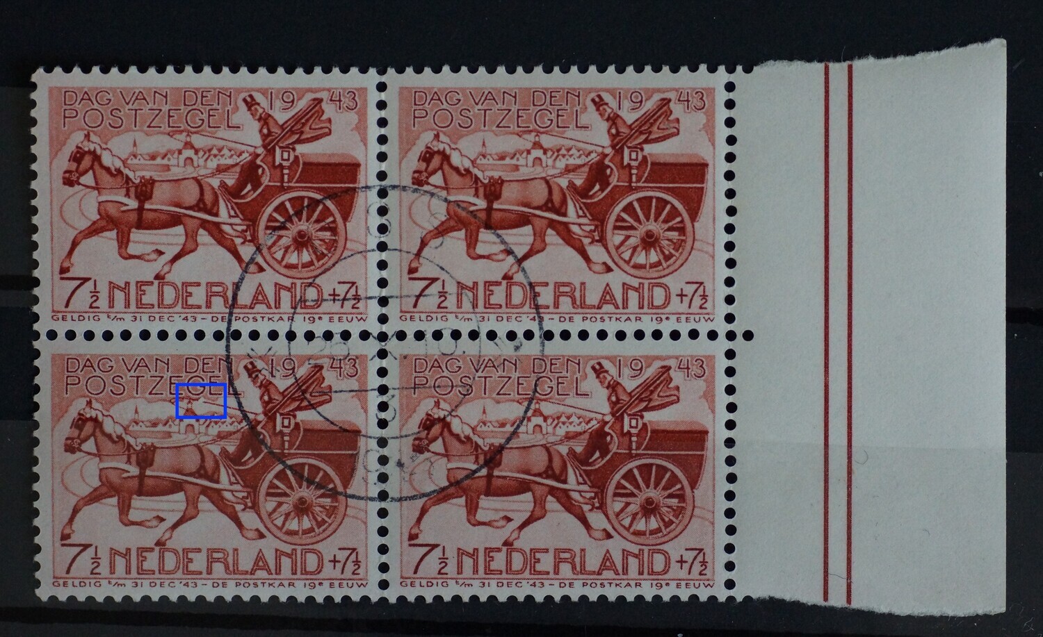 NVPH 411 (blok) (P1) - breuk n de zweep (zegel linksonder) NVPH 411 (blok) (P1) - breuk n de zweep (zegel linksonder)