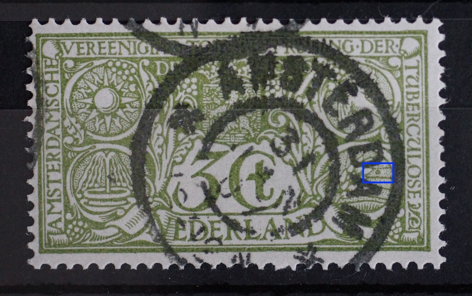 NVPH 85 - groene vlek ter hoogte van de O van TUBERCULOSE