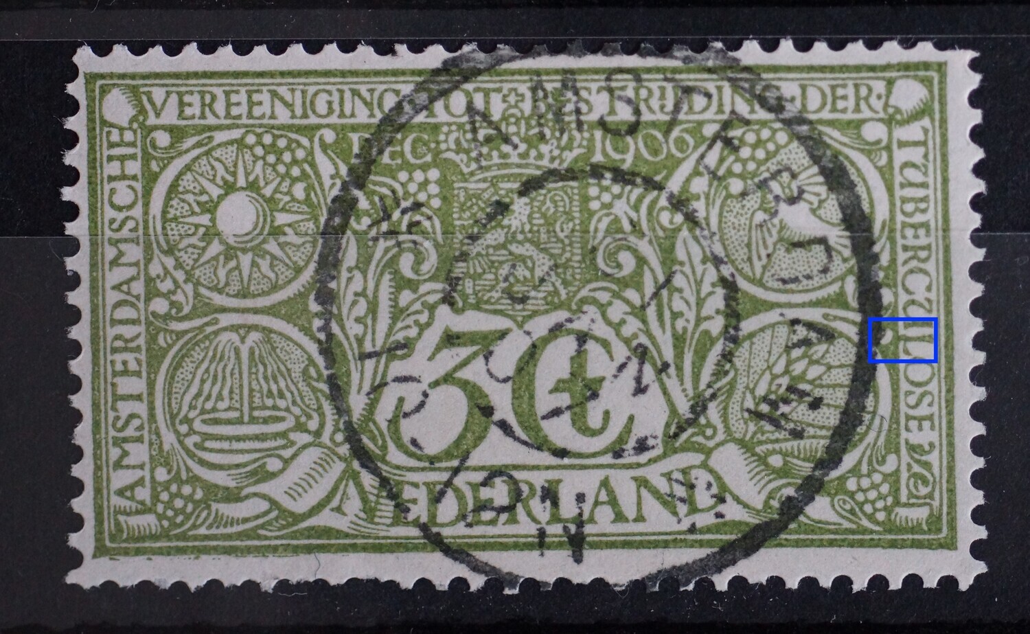 NVPH 85 - groene vlek onderaan de L van TUBERCULOSE NVPH 85 - groene vlek onderaan de L van TUBERCULOSE