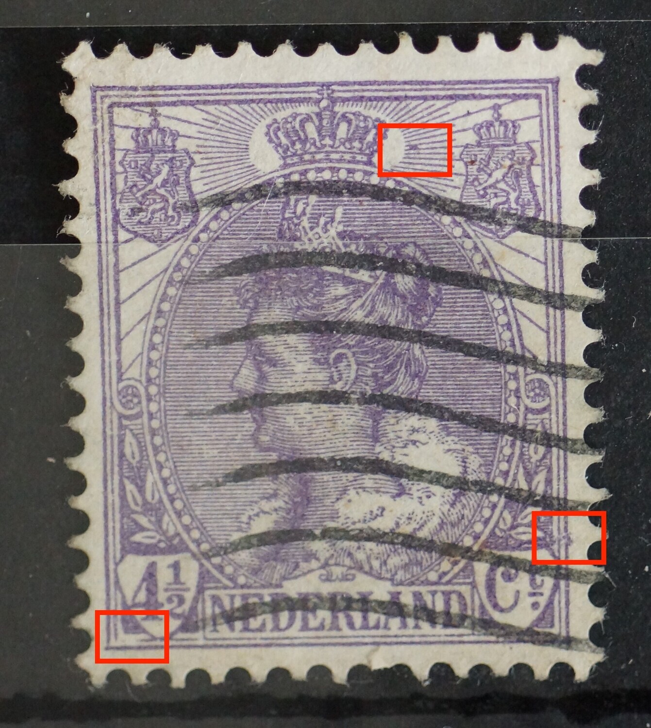 NVPH 59 - o.a. breuk in kaderlijn onder de 4 1/2 NVPH 59 - o.a. breuk in kaderlijn onder de 4 1/2