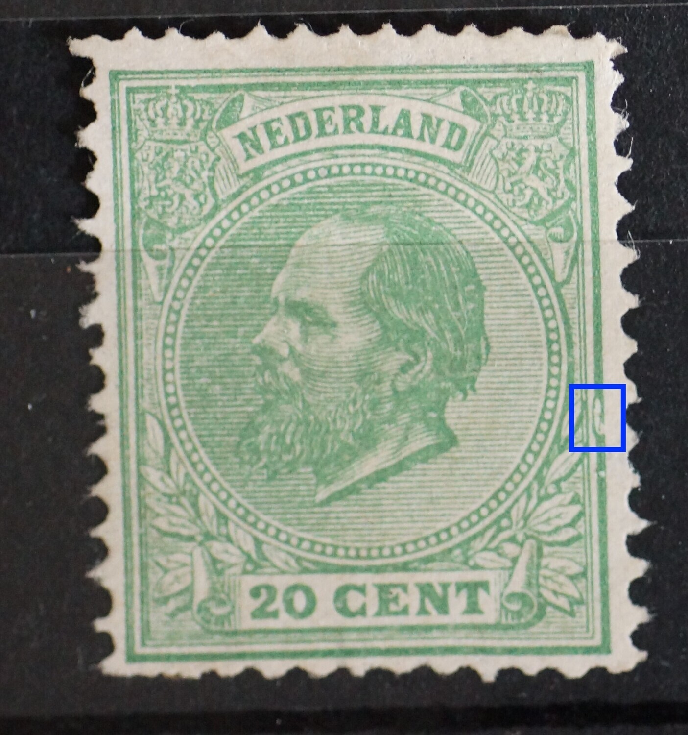 NVPH 24 - bijzondere witte vlek in kaderlijn links (PM 7) NVPH 24 - bijzondere witte vlek in kaderlijn links (PM 7)