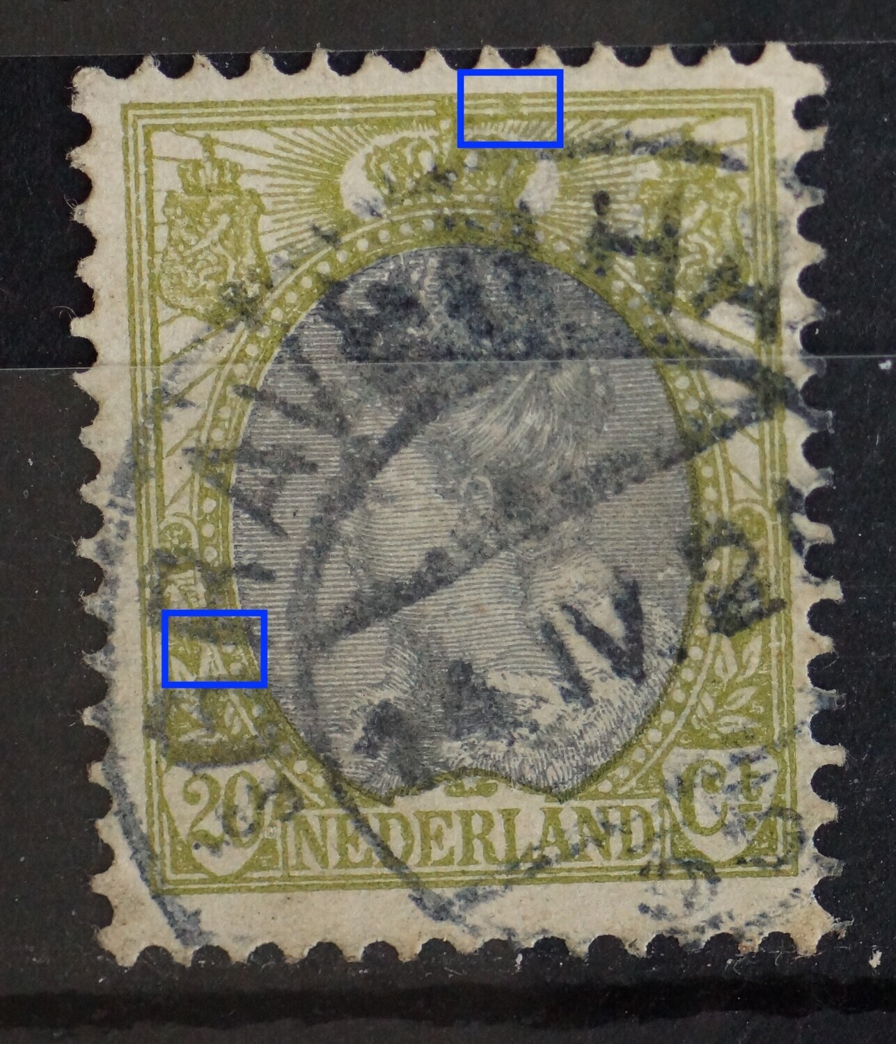 NVPH 69 - o.a. groene vlek tussen kaderlijnen boven NVPH 69 - o.a. groene vlek tussen kaderlijnen boven