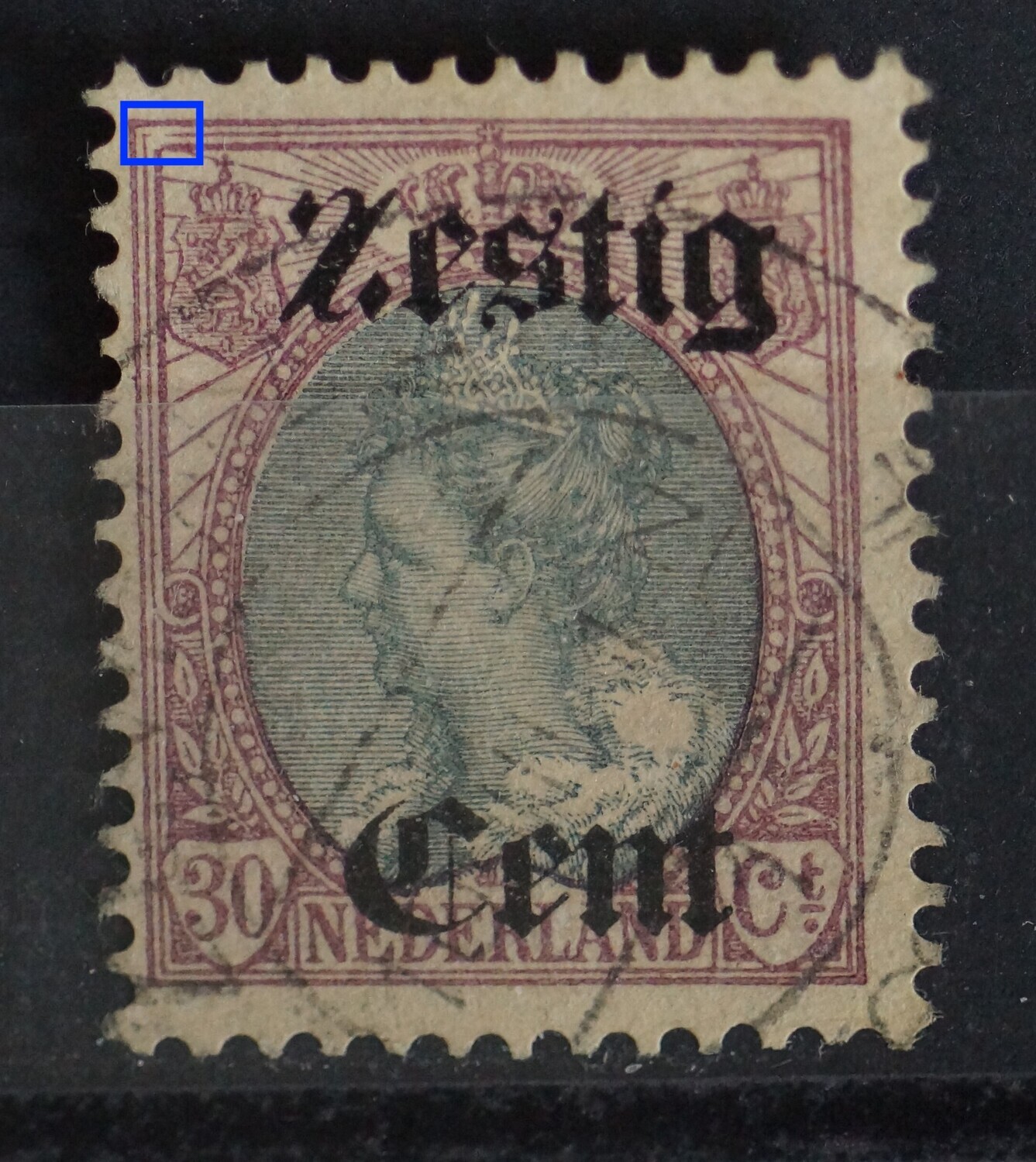 NVPH 103 - breuk in kaderlijn boven, links NVPH 103 - breuk in kaderlijn boven, links