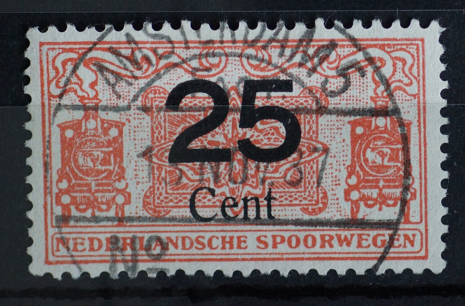 Spoorwegstempel Amsterdam 5 op spoorwegzegel 25 Cent