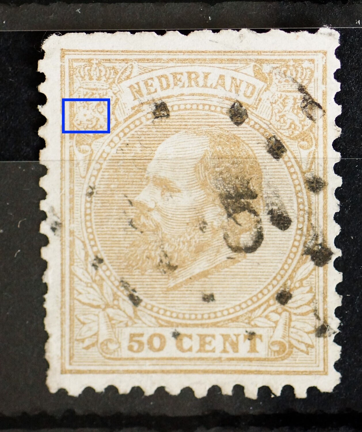 NVPH 27 - o.a. witte vlek met okerkleurige punt in linker wapenschild NVPH 27 - o.a. witte vlek met okerkleurige punt in linker wapenschild