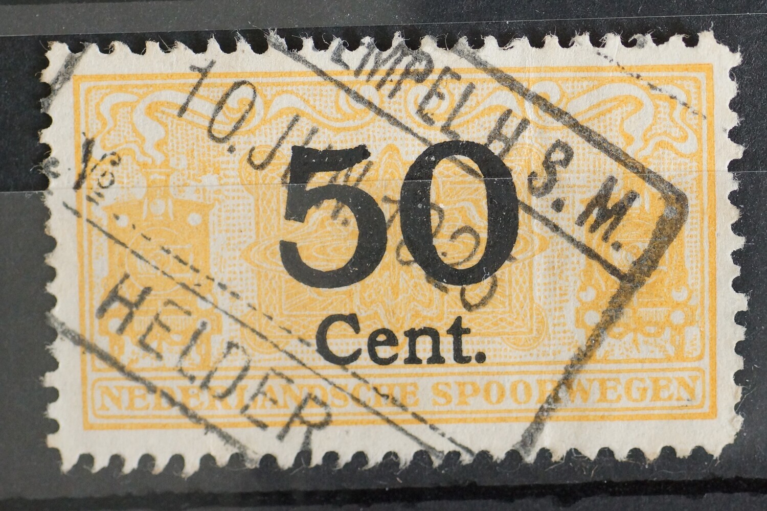 Spoorwegstempel HSM (Den) Helder op spoorwegzegel 50 Cent.