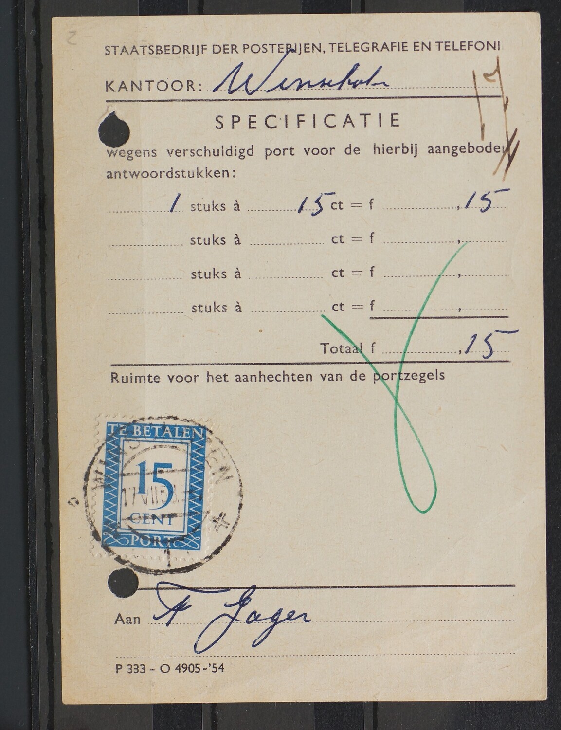 Portzegel NVPH P81 op rekening antwoordstukken PTT - Winschoten 1
