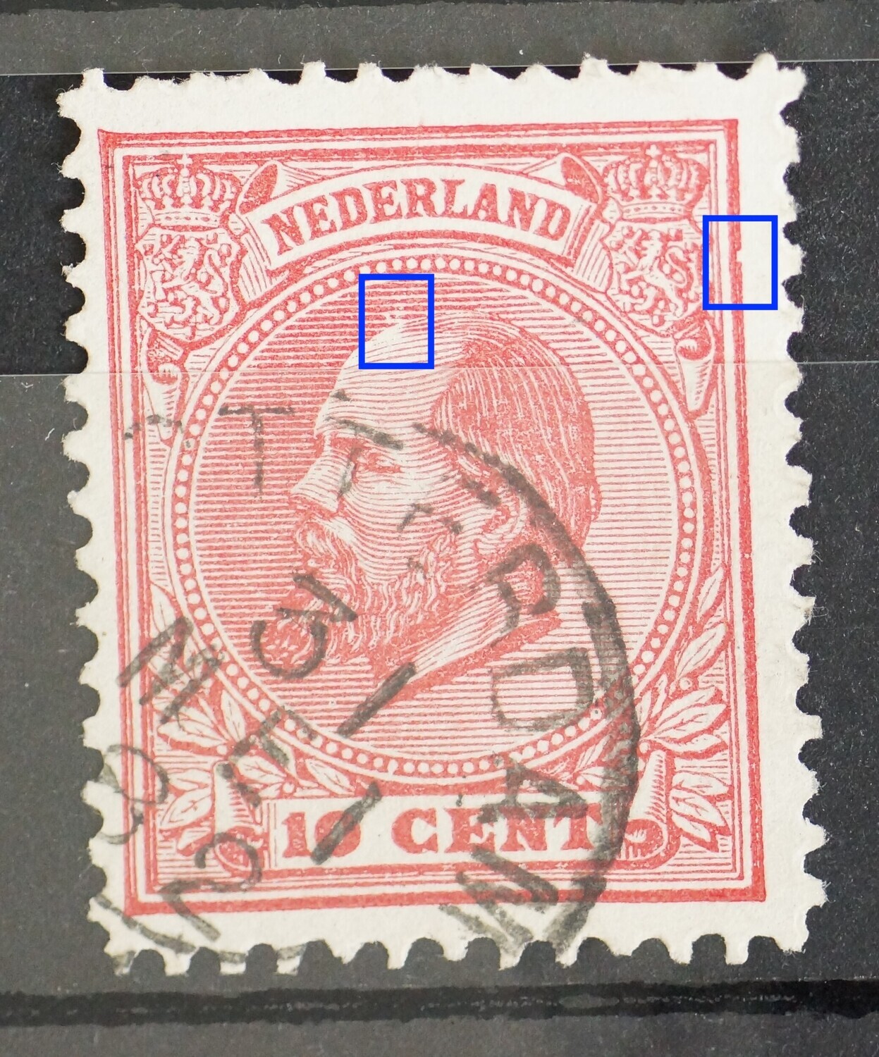 NVPH 21 - o.a. breuk in arcering boven het hoofd en beschadigde kaderlijn rechts NVPH 21 - o.a. breuk in arcering boven het hoofd en beschadigde kaderlijn rechts