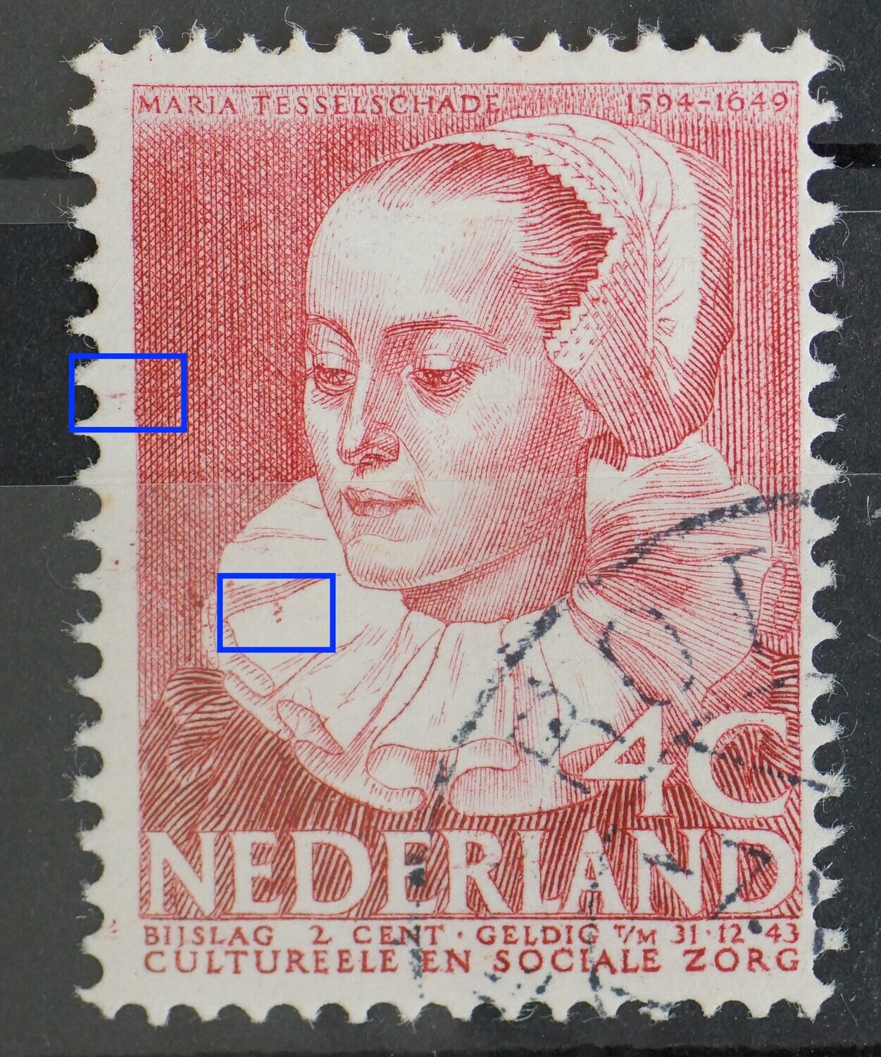 NVPH 394 - rode streepjes op enkele plaatsen in en buiten zegelbeeld