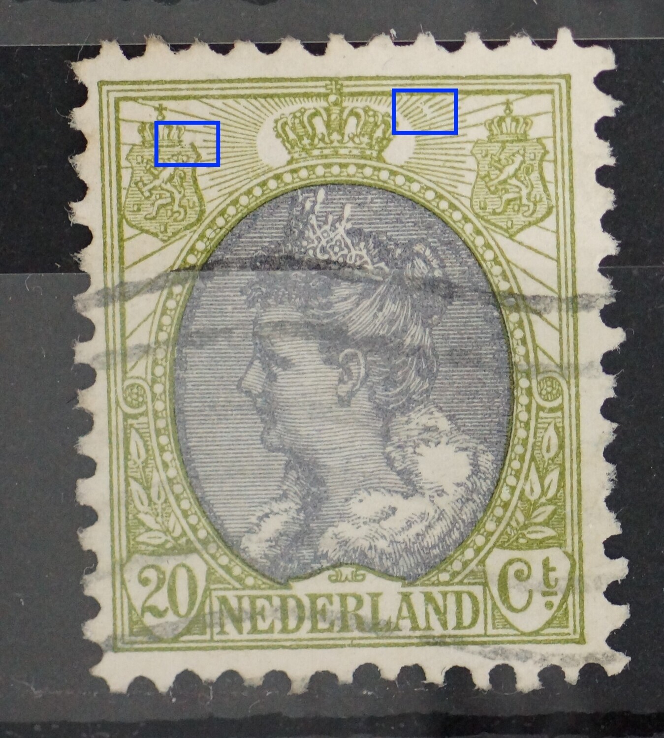 NVPH 69 - breuk in straal rechts van kroon en bovenzijde linker wapenschild beschadigd NVPH 69 - breuk in straal rechts van kroon en bovenzijde linker wapenschild beschadigd