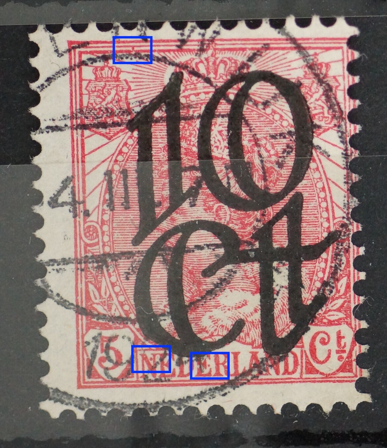 NVPH 117 - o.a. rode punt in de 1e N van NEDERLAND en tussen kaderlijnen bij linker wapenschild
