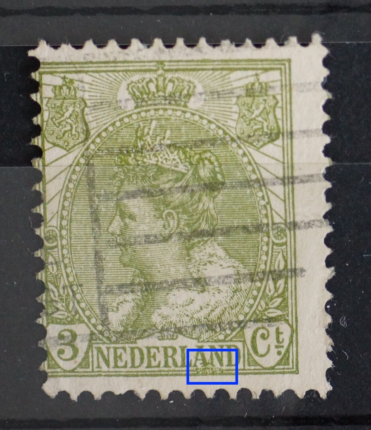 NVPH 57 - groene vlek onder AN van NEDERLAND