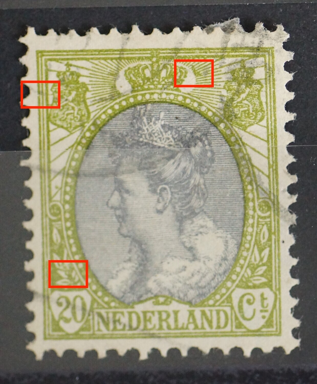 NVPH 69 - diverse groene vlekken in het zegelbeeld NVPH 69 - diverse groene vlekken in het zegelbeeld