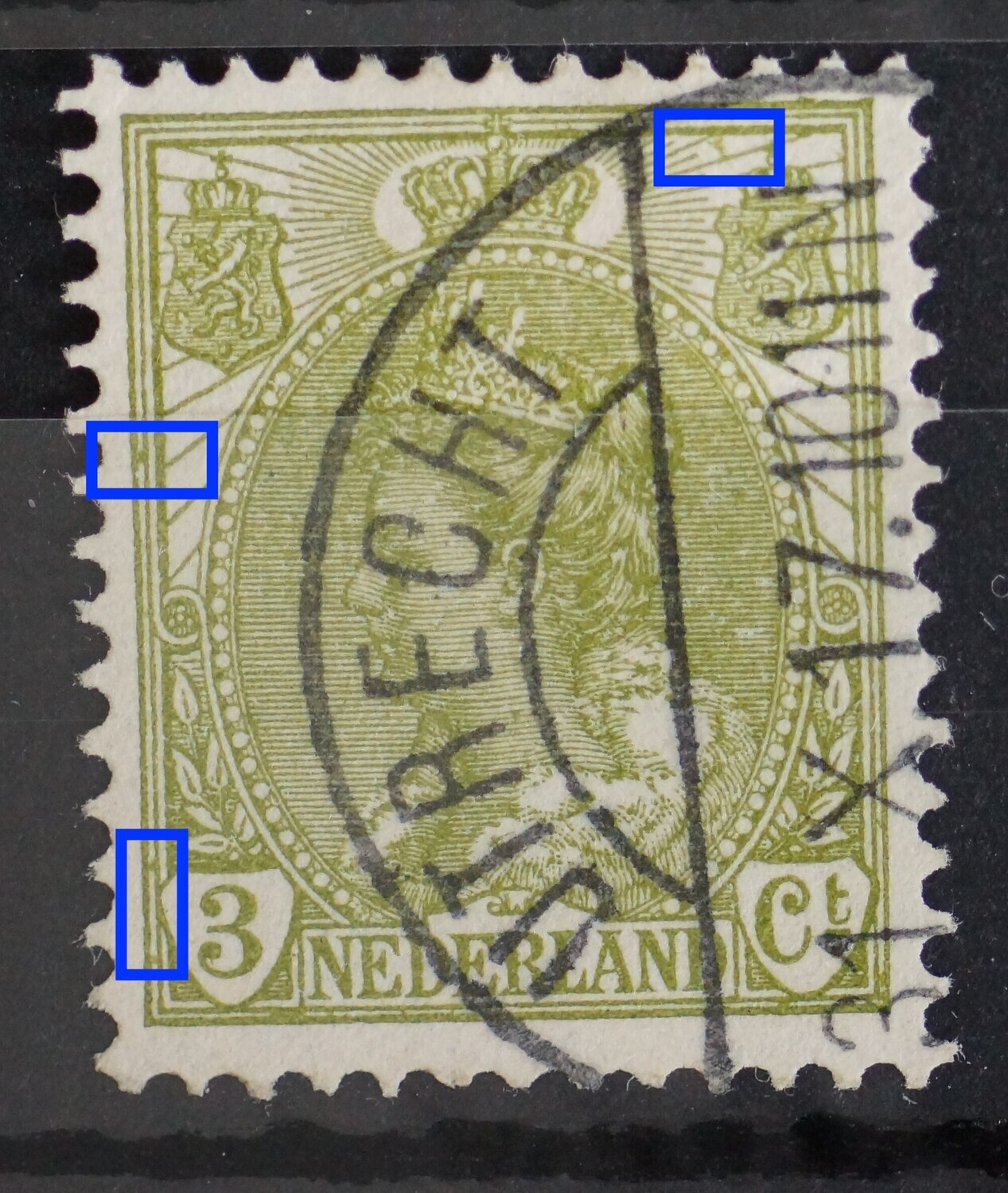 NVPH 57 - groene vlek bij stralen rechts en tussen kaderlijnen links NVPH 57 - groene vlek bij stralen rechts en tussen kaderlijnen links