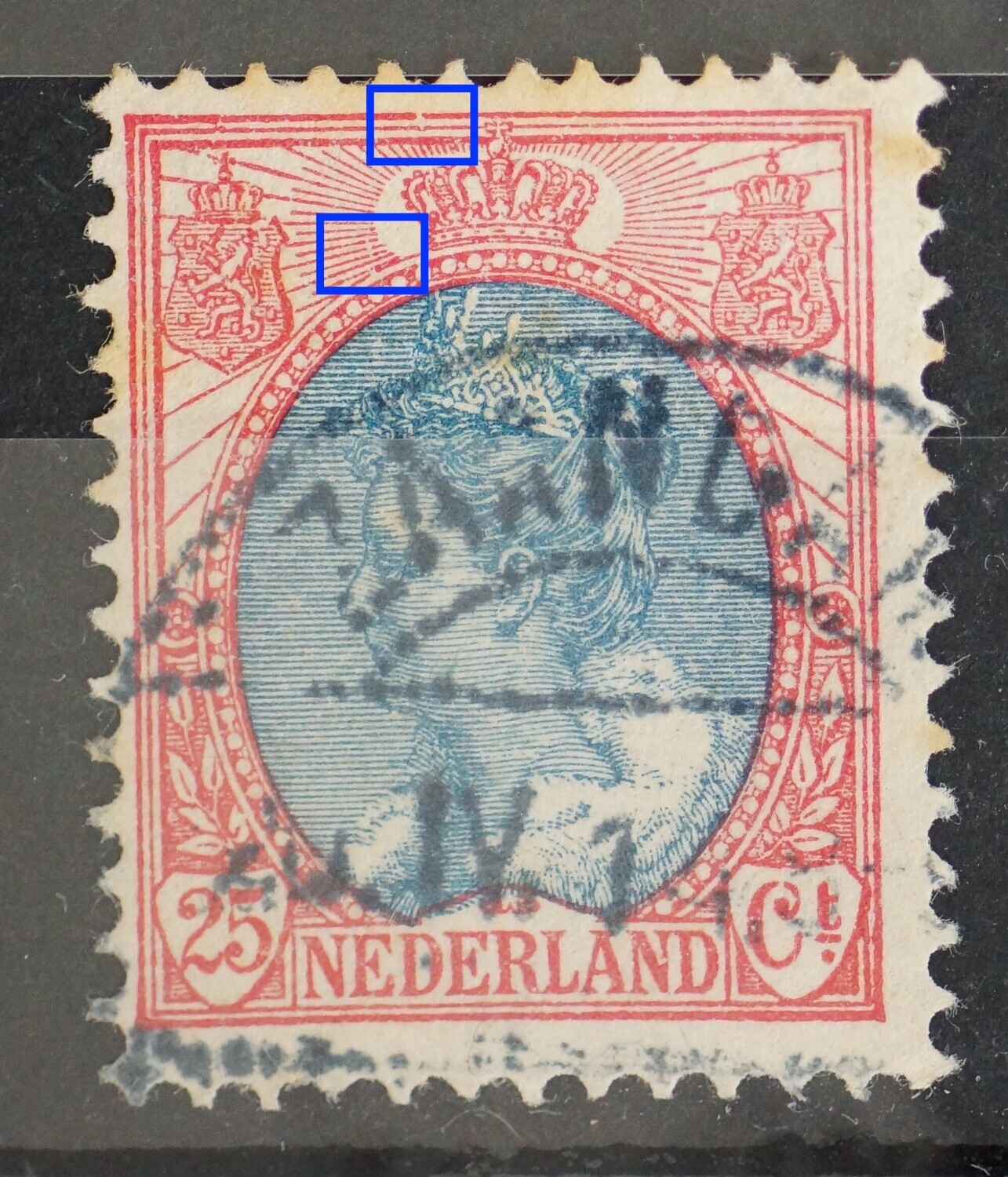 NVPH 71 - breuk in kaderlijn boven en breuk in straal links van kroon NVPH 71 - breuk in kaderlijn boven en breuk in straal links van kroon