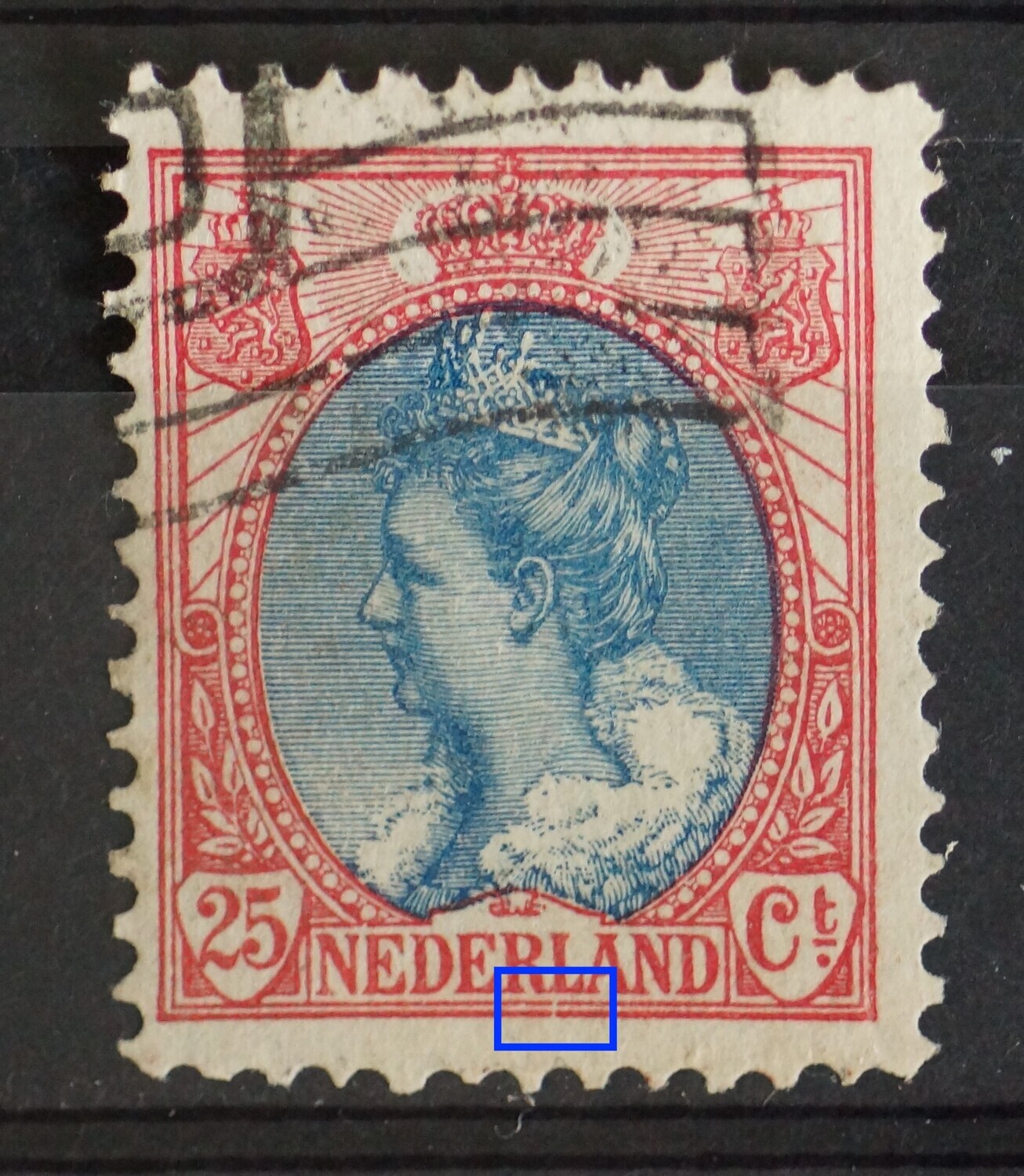 NVPH 71 - breuk in kaderlijnen onder de L van NEDERLAND