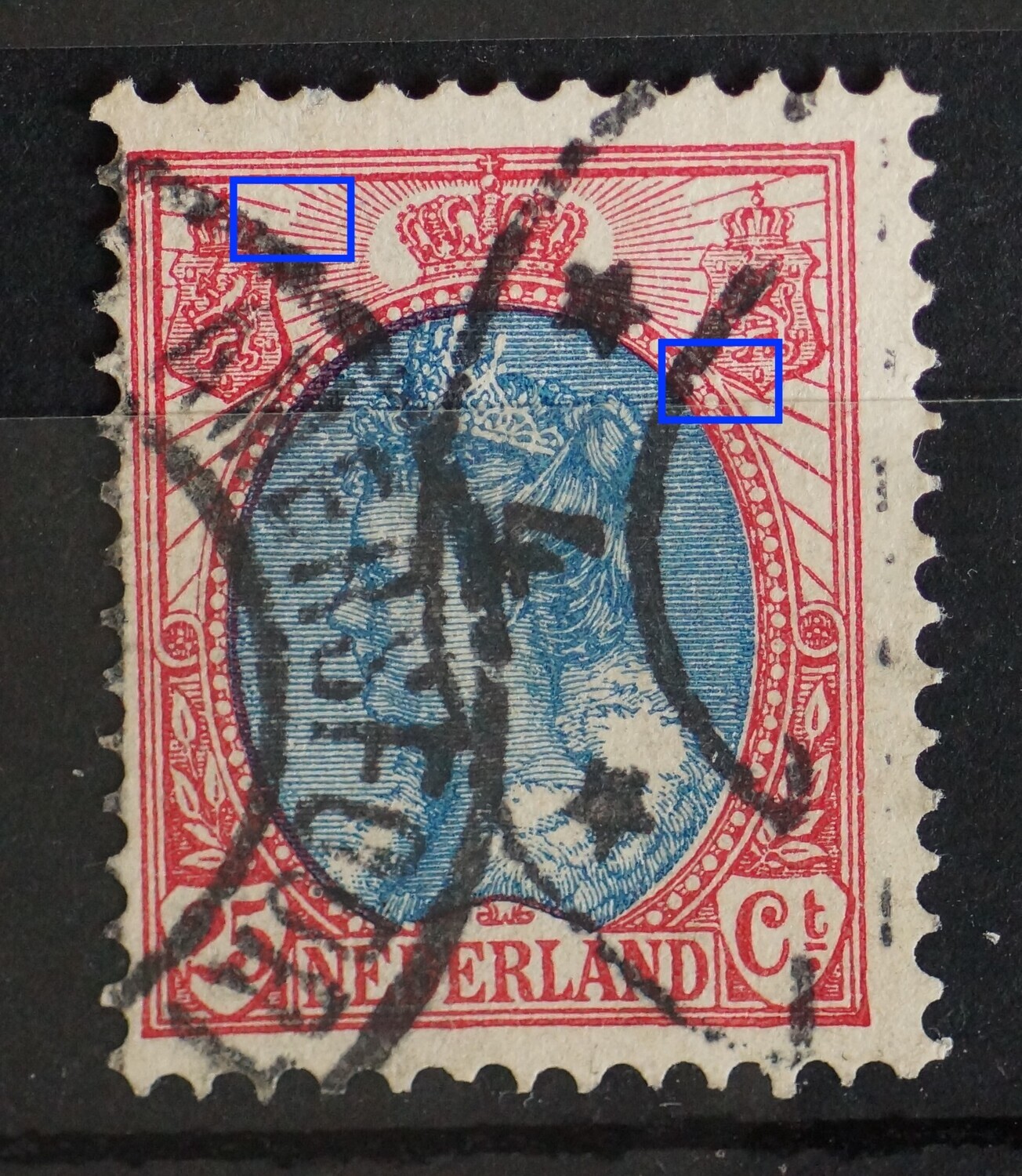 NVPH 71 - breuk in straal links en breuk in rand medaillon bij rechter wapenschild NVPH 71 - breuk in straal links en breuk in rand medaillon bij rechter wapenschild