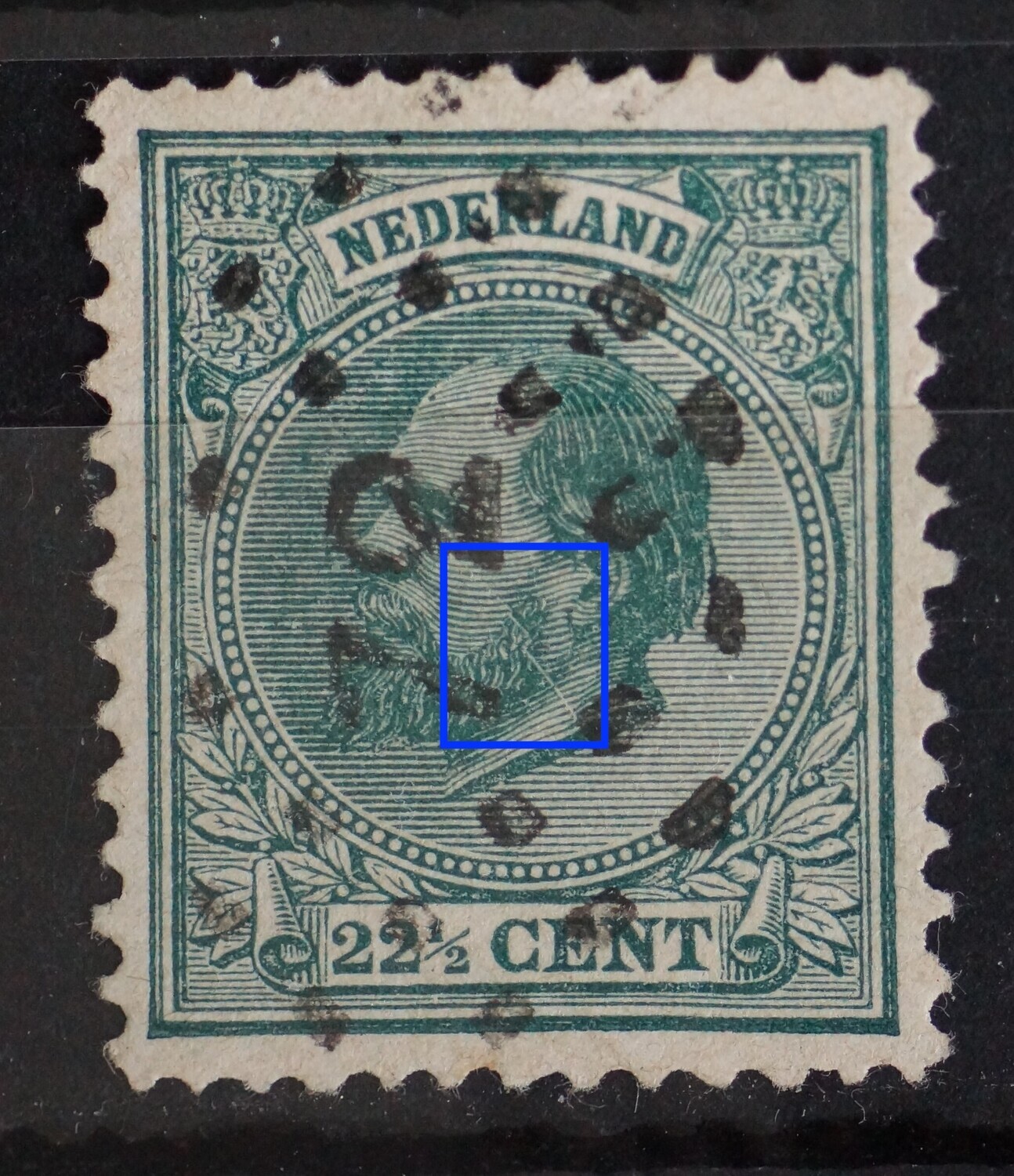 NVPH 25 - witte kras ("bliksemschicht") in het gezicht. Puntstempel 72.