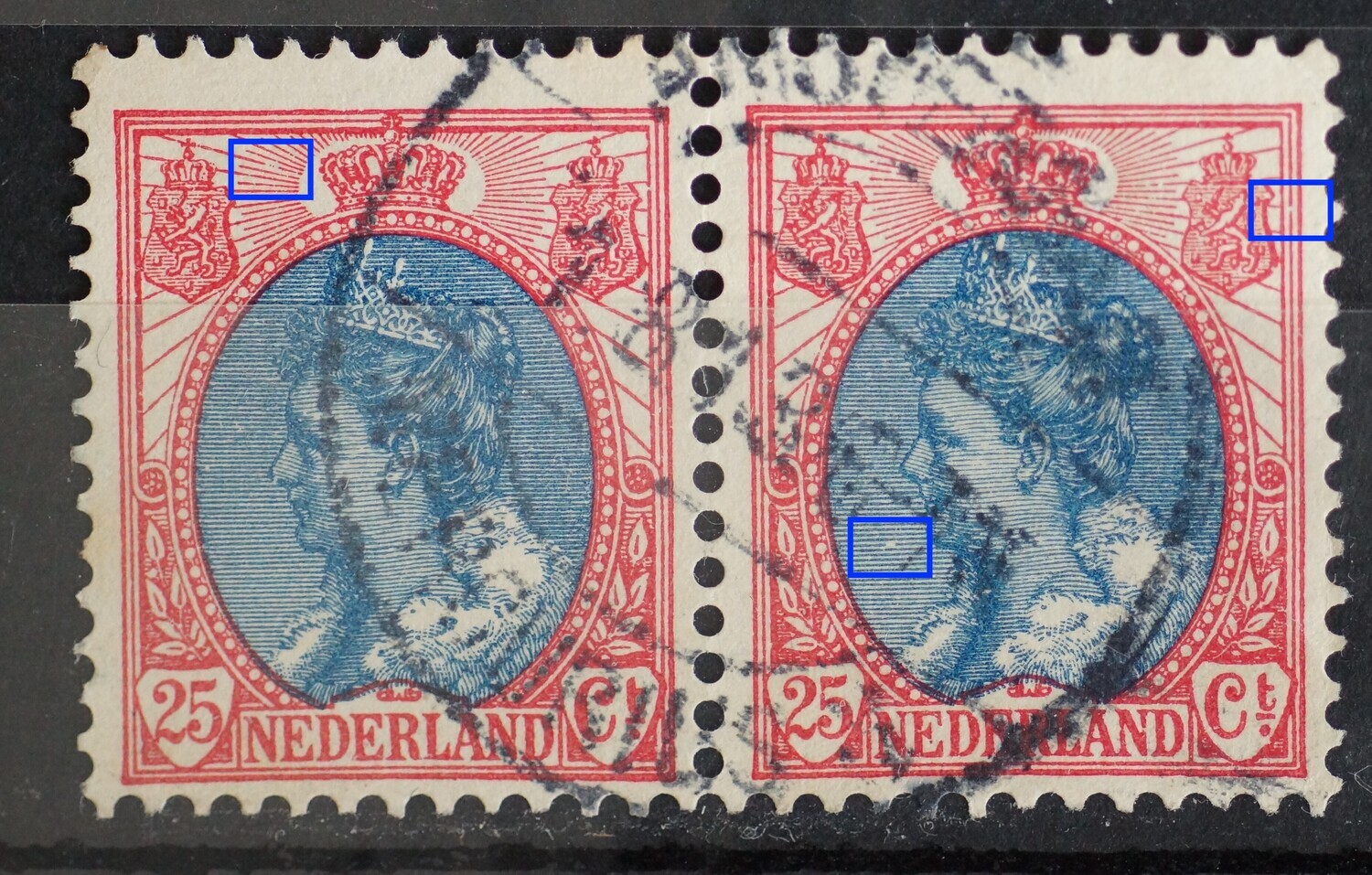 NVPH 71 (paar) - o.a. breuk straal links van kroon (linker zegel) en breuk in kaderlijn naast rechter wapenschild (rechter zegel).